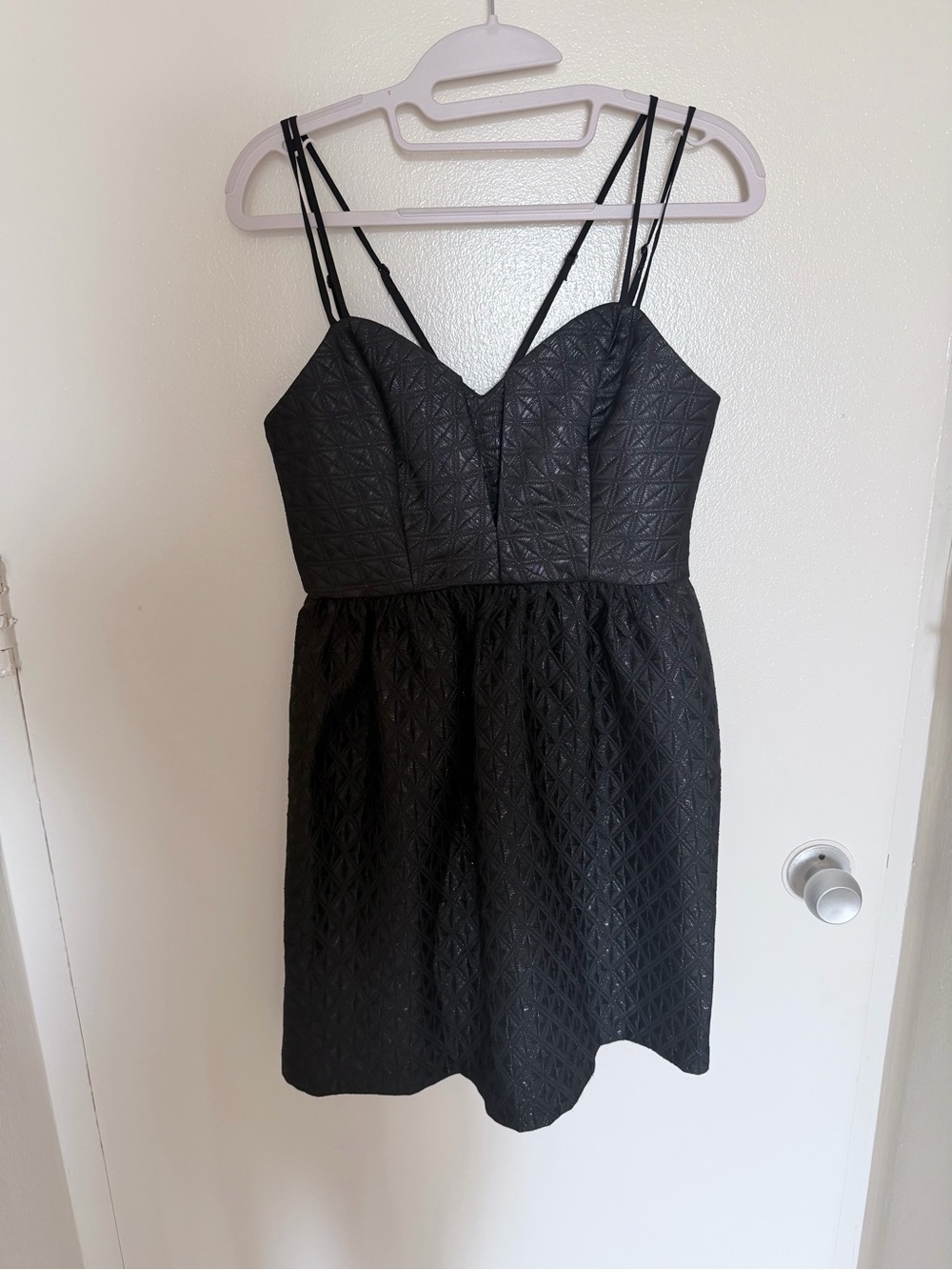 BCBGeneration Black Textured Mini Dress with Double Spaghetti Straps